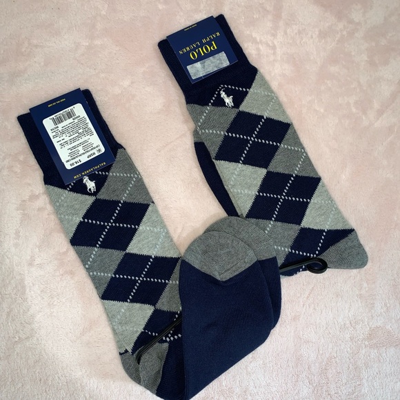 Polo Ralph Lauren navy‎ blue and grey diamond pattern two pairs of socks new - Picture 1 of 7